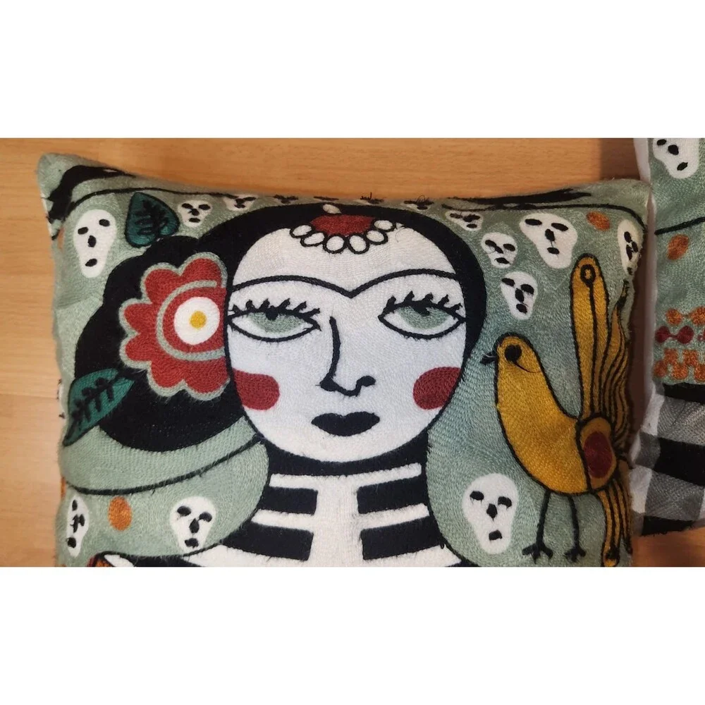 Pair Of Día de Muertos Embroidered Pillow Covers Frida Kahlo Pillows Set Of 2